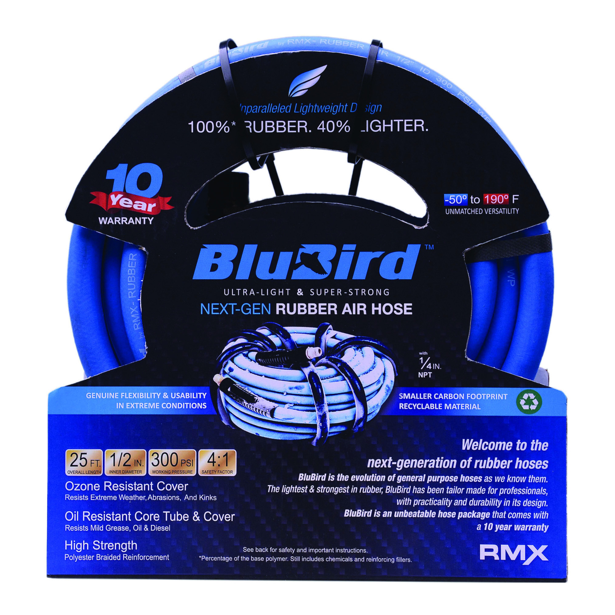 BluBird, Rubber Air Hose Assembly 1/2in.x25ft., Hose Diameter 1/2 in, Hose Length 25 ft, Model# BB1225